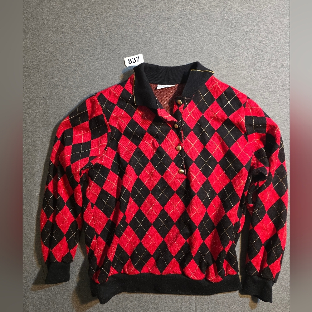 Alfred Dunner Red and Black Argyle Xl Sweater Shoulder Pads 90s Vintage